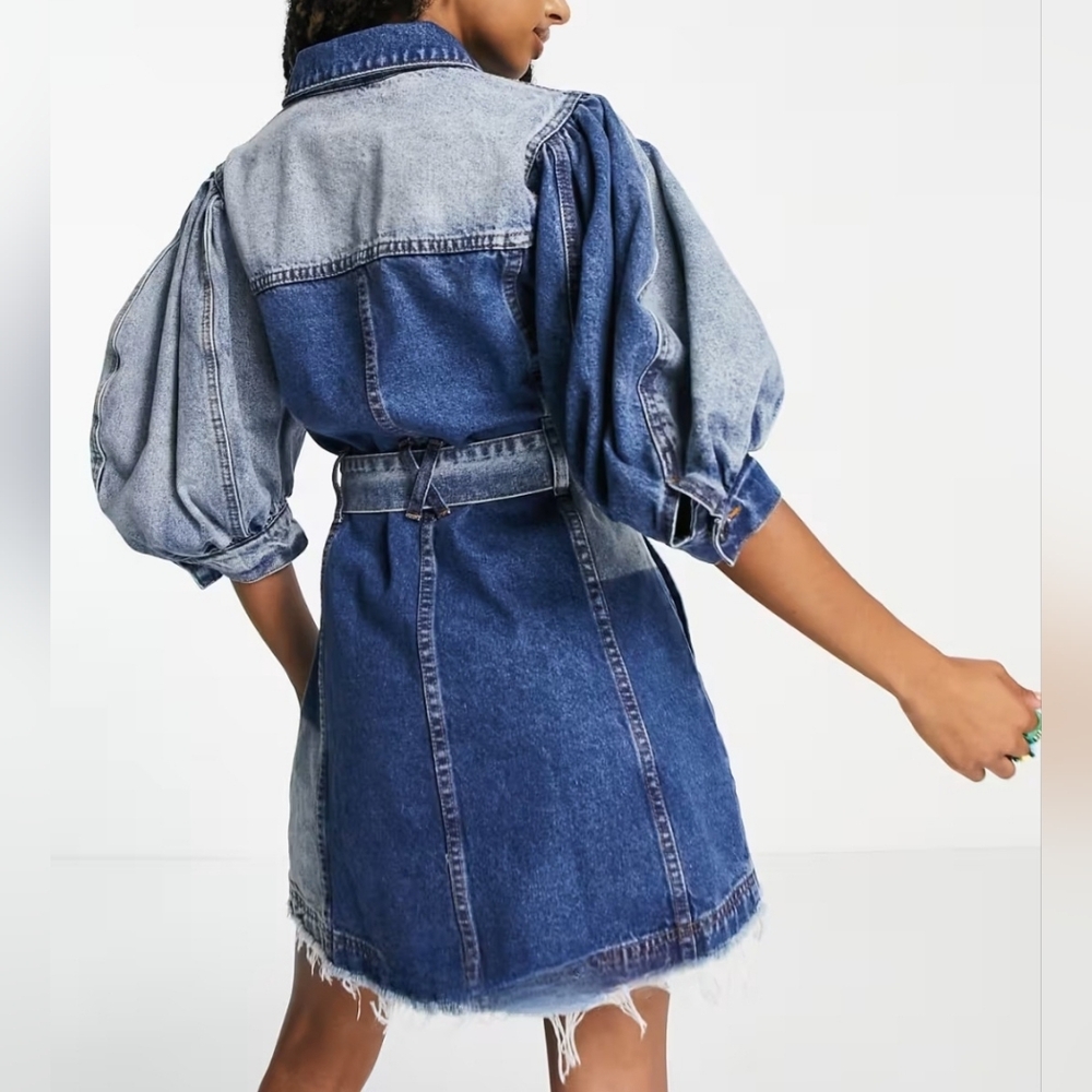 NWOT Signature 8 Patchwork Heavy Denim Mini Dress M Puff Sleeves Belted Sealed - Picture 2 of 11